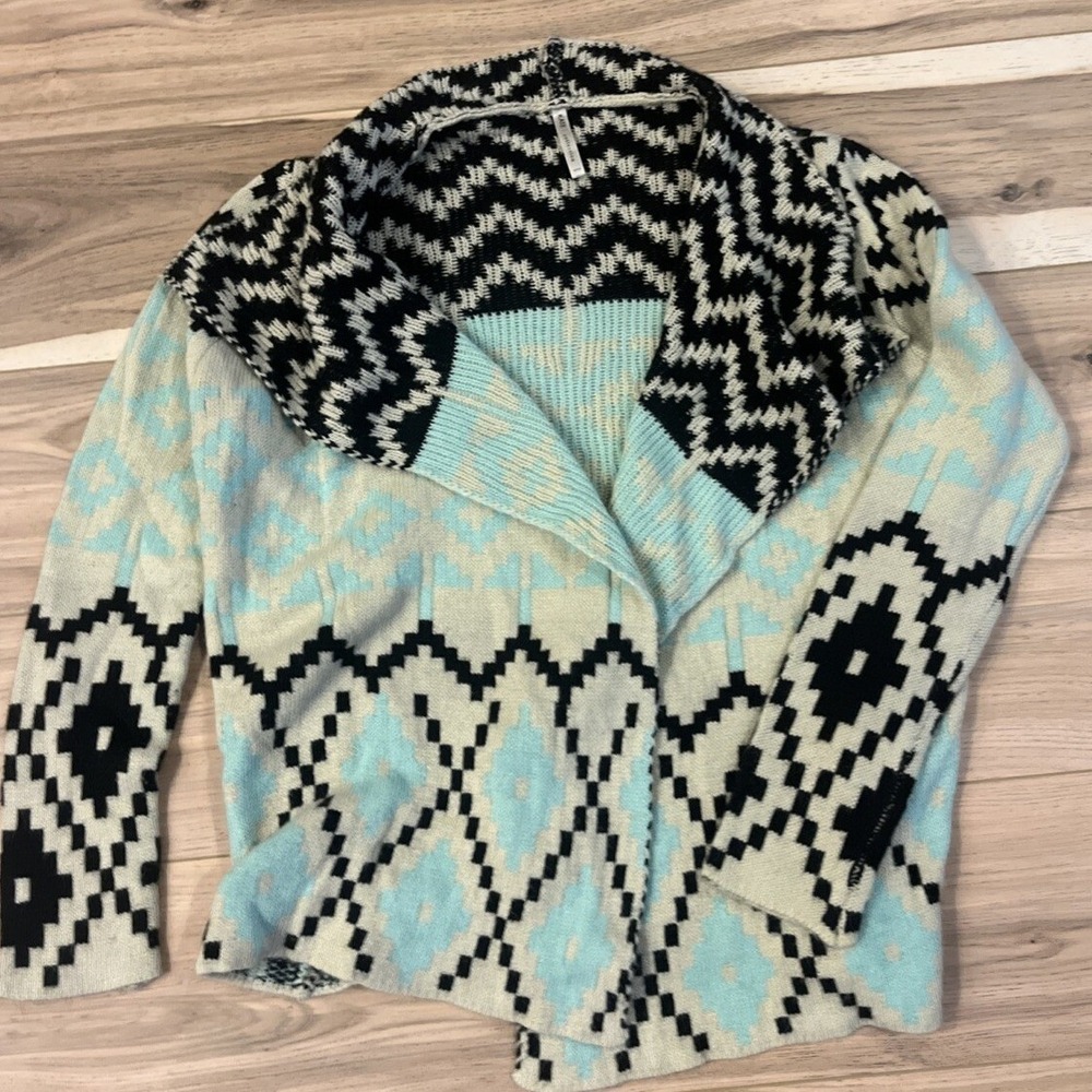 Kate Collection Womens Geometric Southwestern Open Front Cardigan Blue Black S